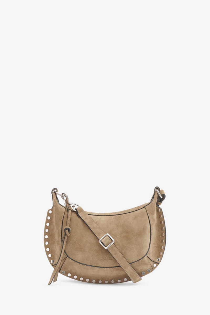 Sac Oskan Moon Isabel Marant en cuir suédé taupe clous argent. Détail de la métallerie argentée. 