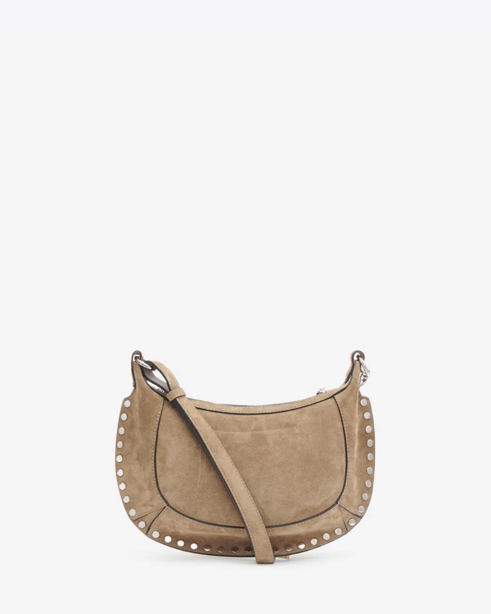 Sac Oskan Moon Isabel Marant en cuir suédé taupe clous argent. Vue de dos.