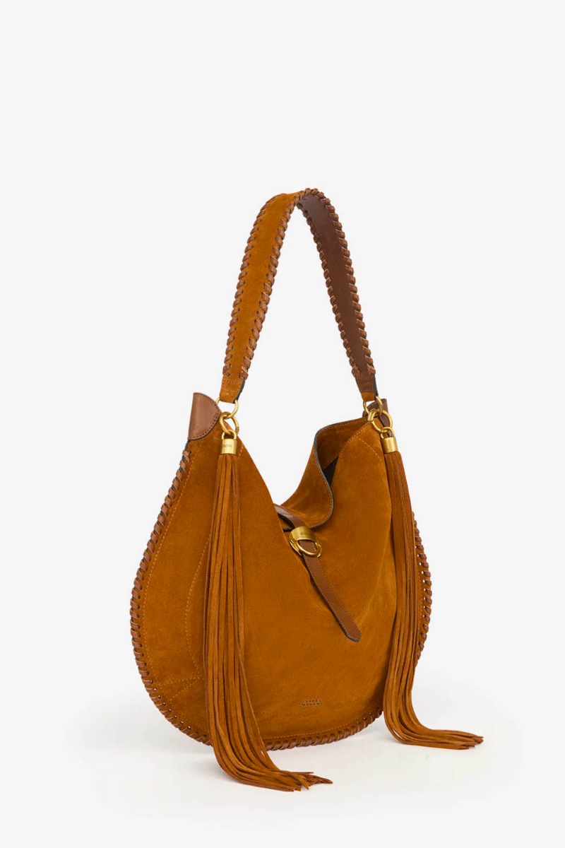 Sac Oskan Hobo Soft Folk Isabel Marant en cuir suédé cognac. Vue de profil.