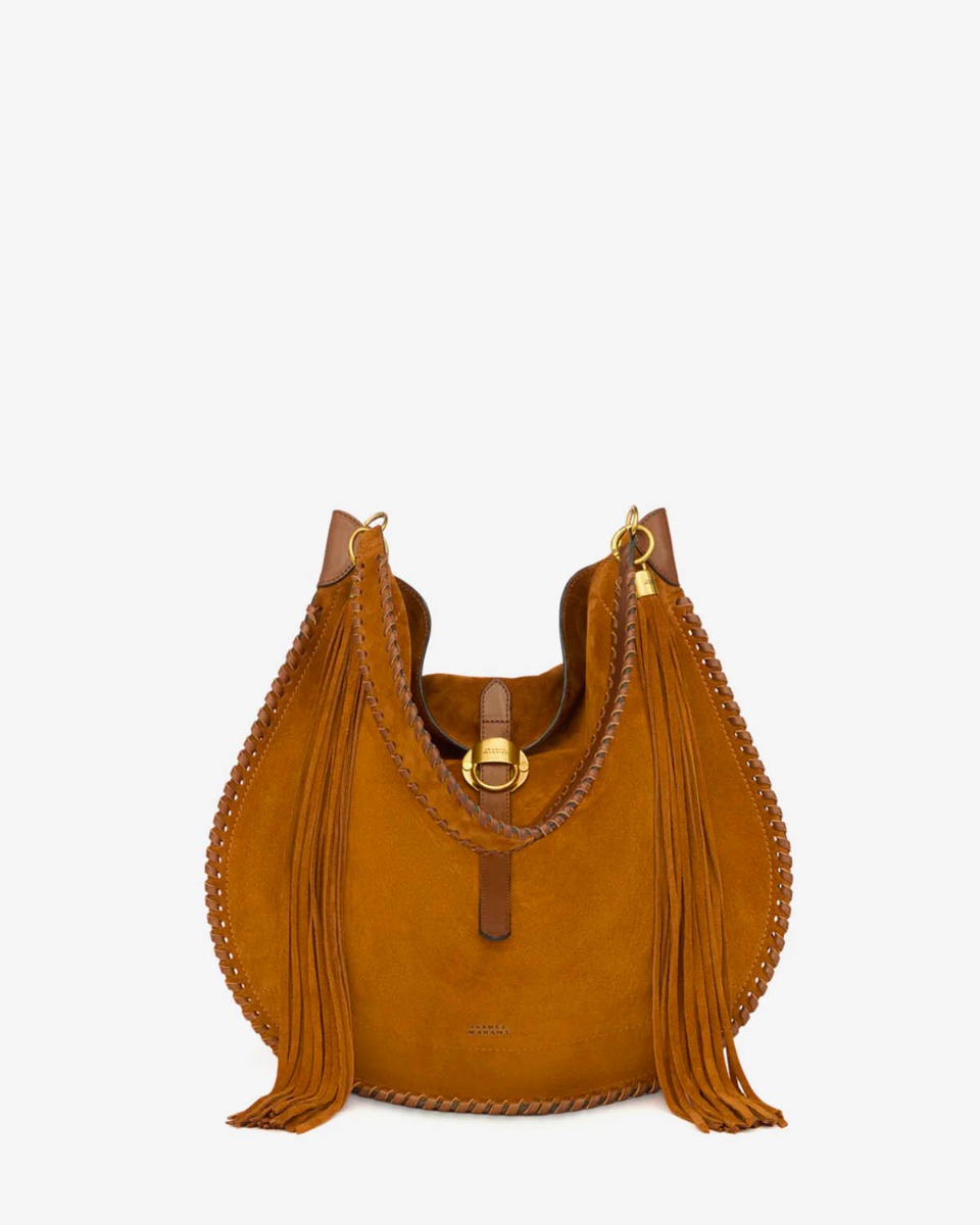 Sac Oskan Hobo Soft Folk Isabel Marant en cuir suédé cognac. Vue de face.