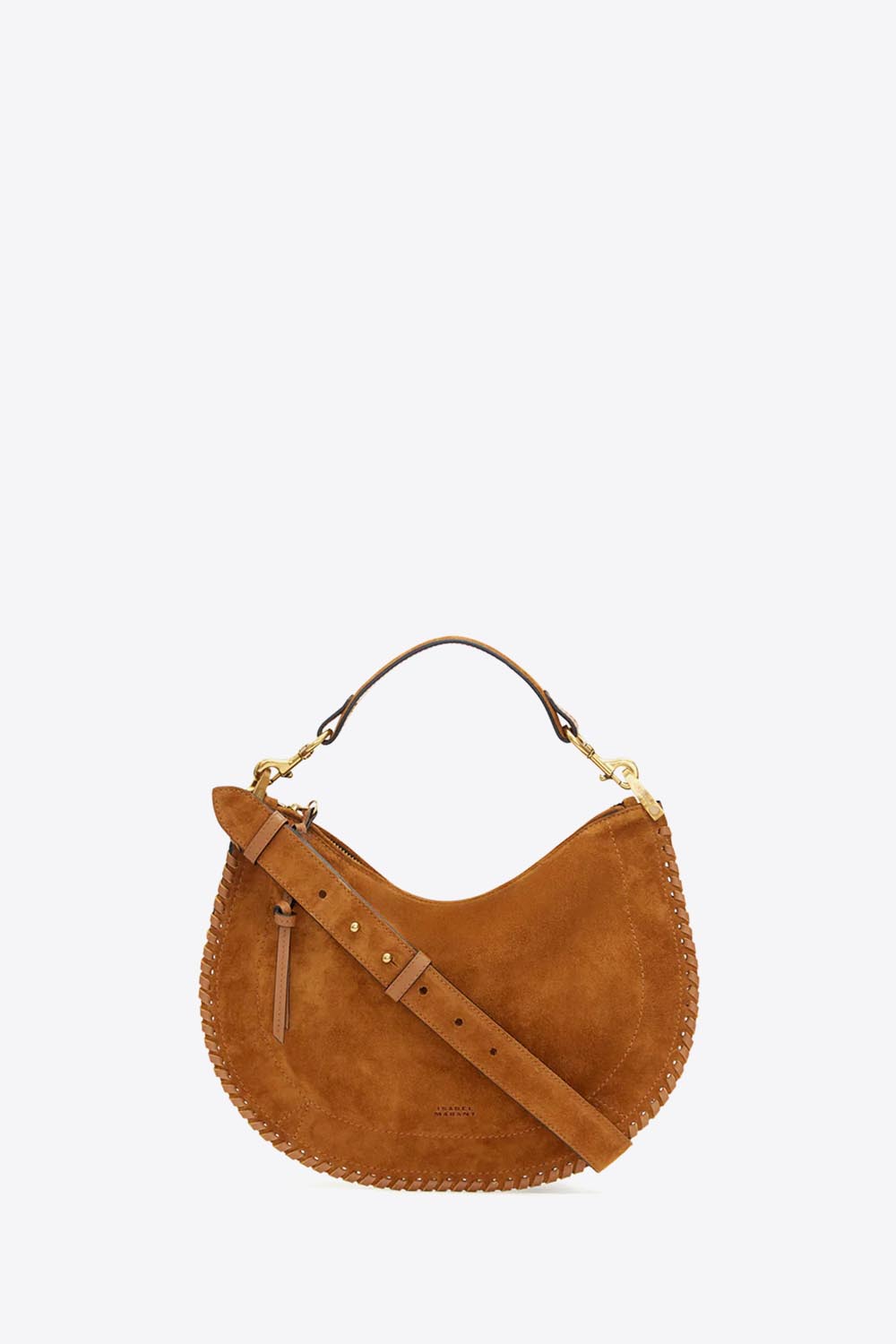 Produit Sac Oskan Soft Zip Isabel Marant en cuir suédé cognac et tressé. Petite anse porté main ou épaule et longue bandoulière pour un porté épaule ou croisé. Face.