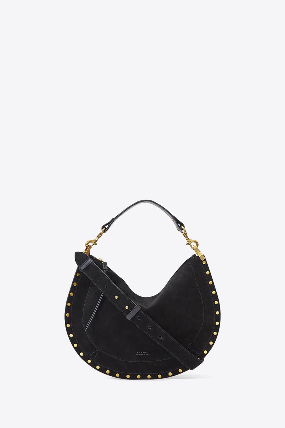 Produit Sac Oskan Soft Zip Isabel Marant en cuir suédé noir et clous. Anse courte pour un porté main ou épaule et bandoulière longue pour un porté épaule ou croisé. Face.