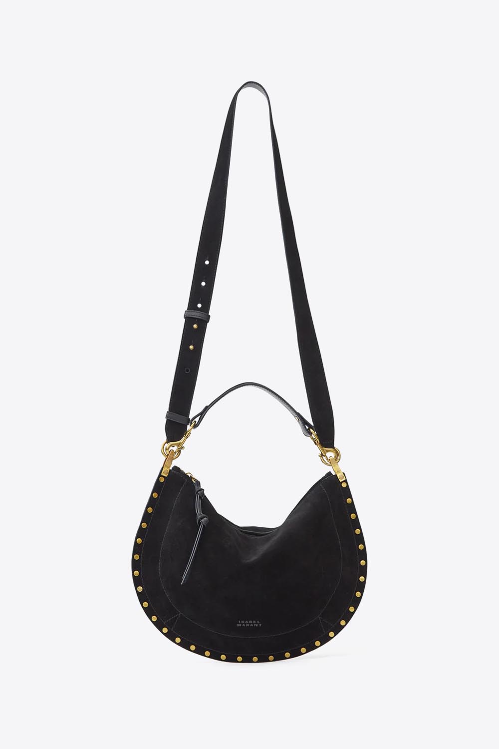 Produit Sac Oskan Soft Zip Isabel Marant en cuir suédé noir et clous. Anse courte pour un porté main ou épaule et bandoulière pour un porté épaule ou croisé. Détail de la bandoulière longue. Face.