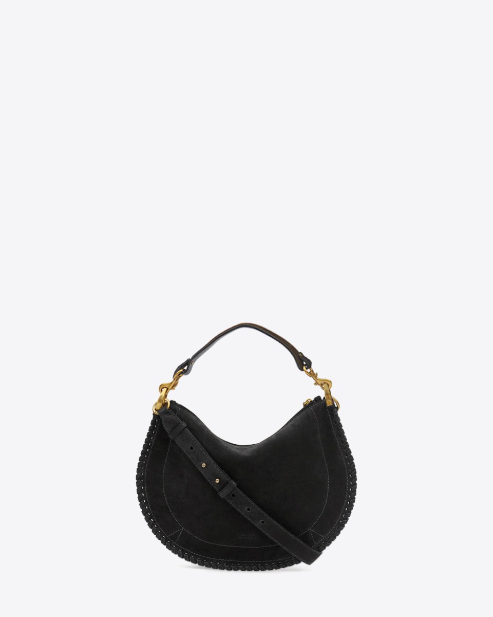 Sac Oskan Soft zip Isabel Marant en cuir su&eacute;d&eacute; noir tress&eacute;. Vue de face.