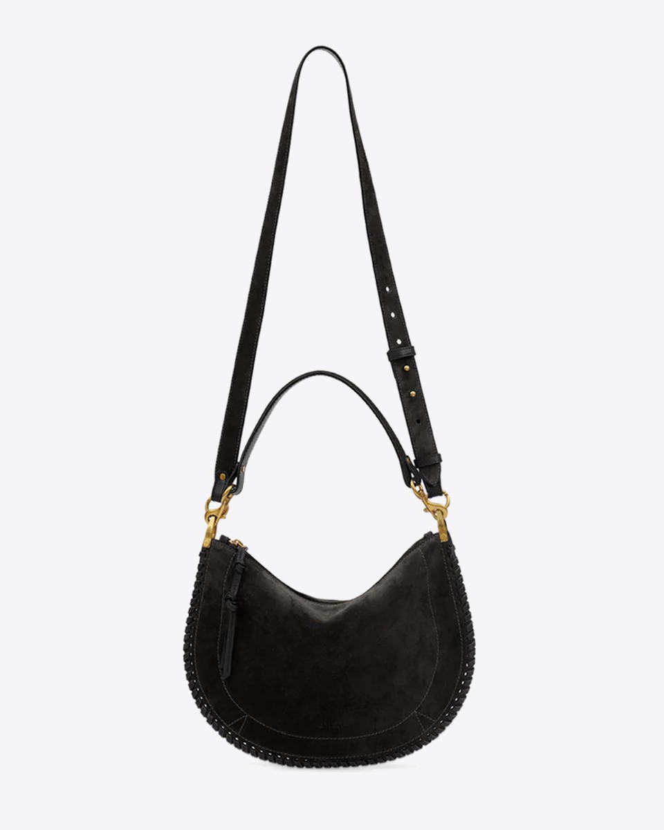 Sac Oskan Soft zip Isabel Marant en cuir su&eacute;d&eacute; noir tress&eacute;. D&eacute;tail de l&rsquo;anse et de la bandouli&egrave;re longue amovibles. 