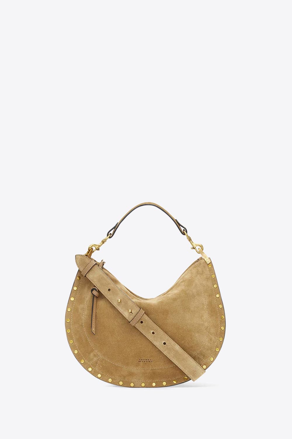 Produit Sac Oskan Soft Zip Isabel Marant en cuir suédé taupe et clouté. Bandoulière courte pour un porté main ou épaule et une bandoulière longue pour un porté épaule ou croisé. Face.