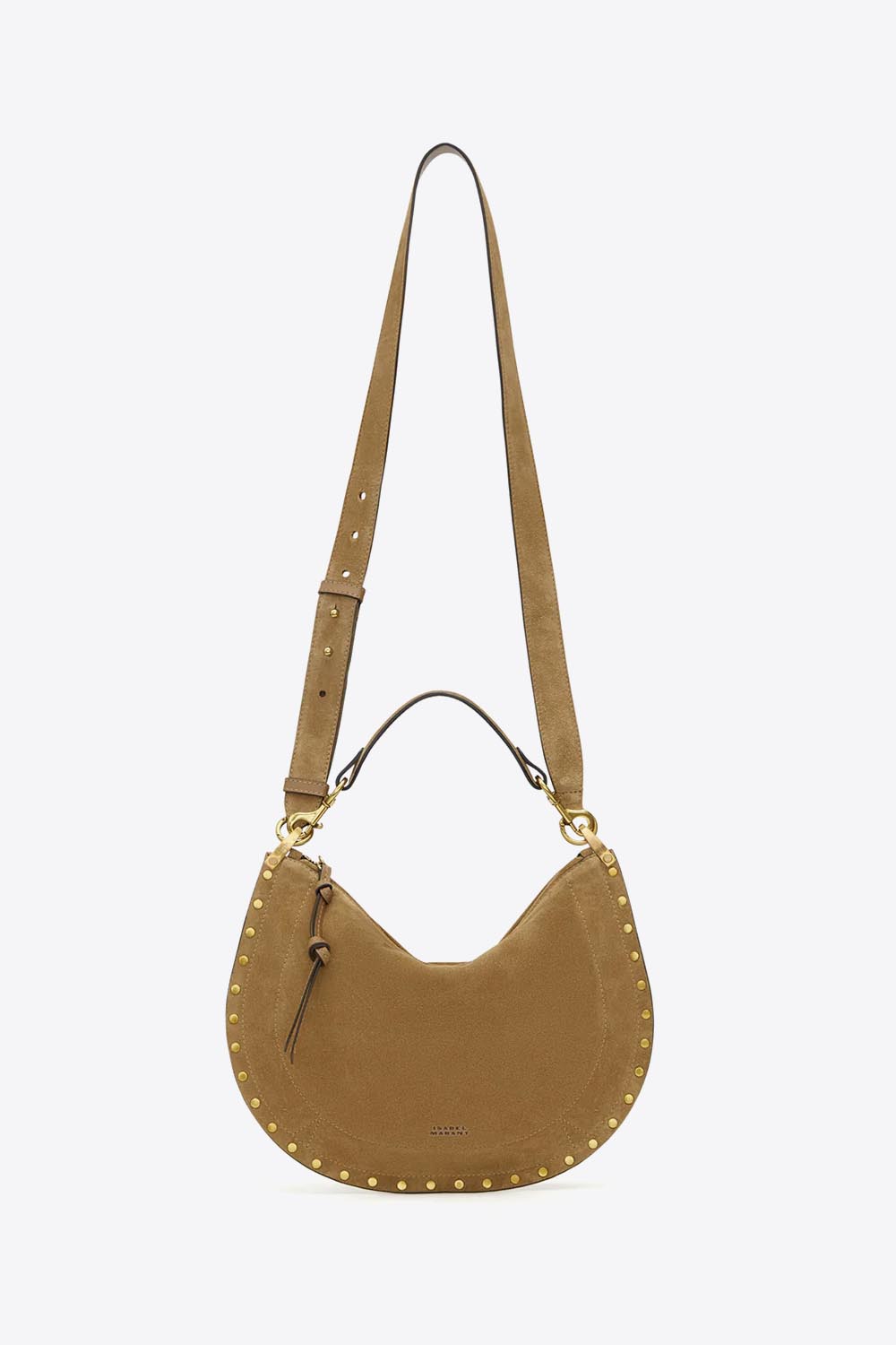 Produit Sac Oskan Soft Zip Isabel Marant en cuir suédé taupe et clouté. Bandoulière courte pour un porté main ou épaule et une bandoulière pour un porté épaule ou croisé. Détail de la bandoulière longue. Face.