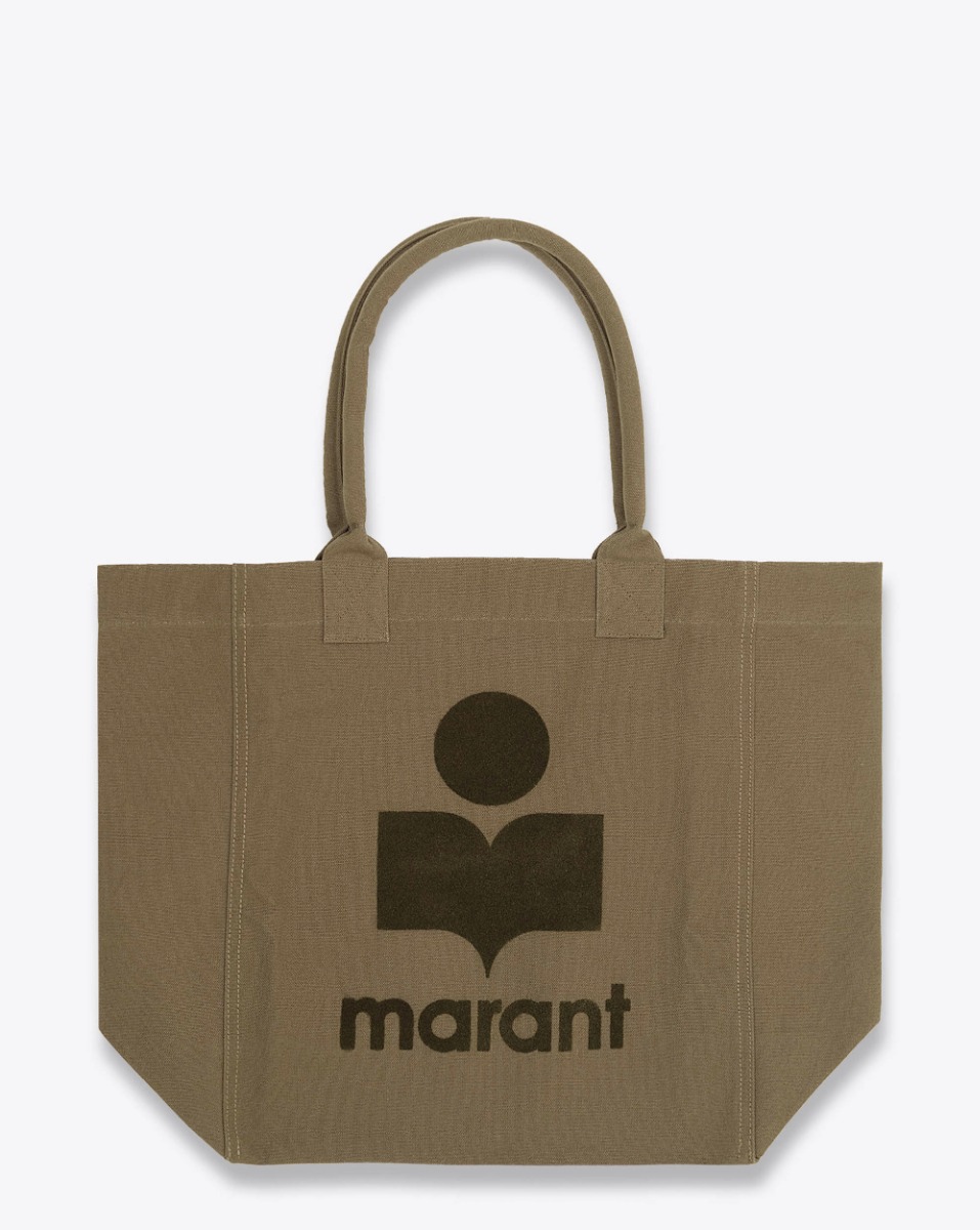 Produit Sac cabas Yenky Isabel Marant en toile de coton kaki logo "MARANT" floqué kaki foncé devant. Porté main ou épaule. Face. 