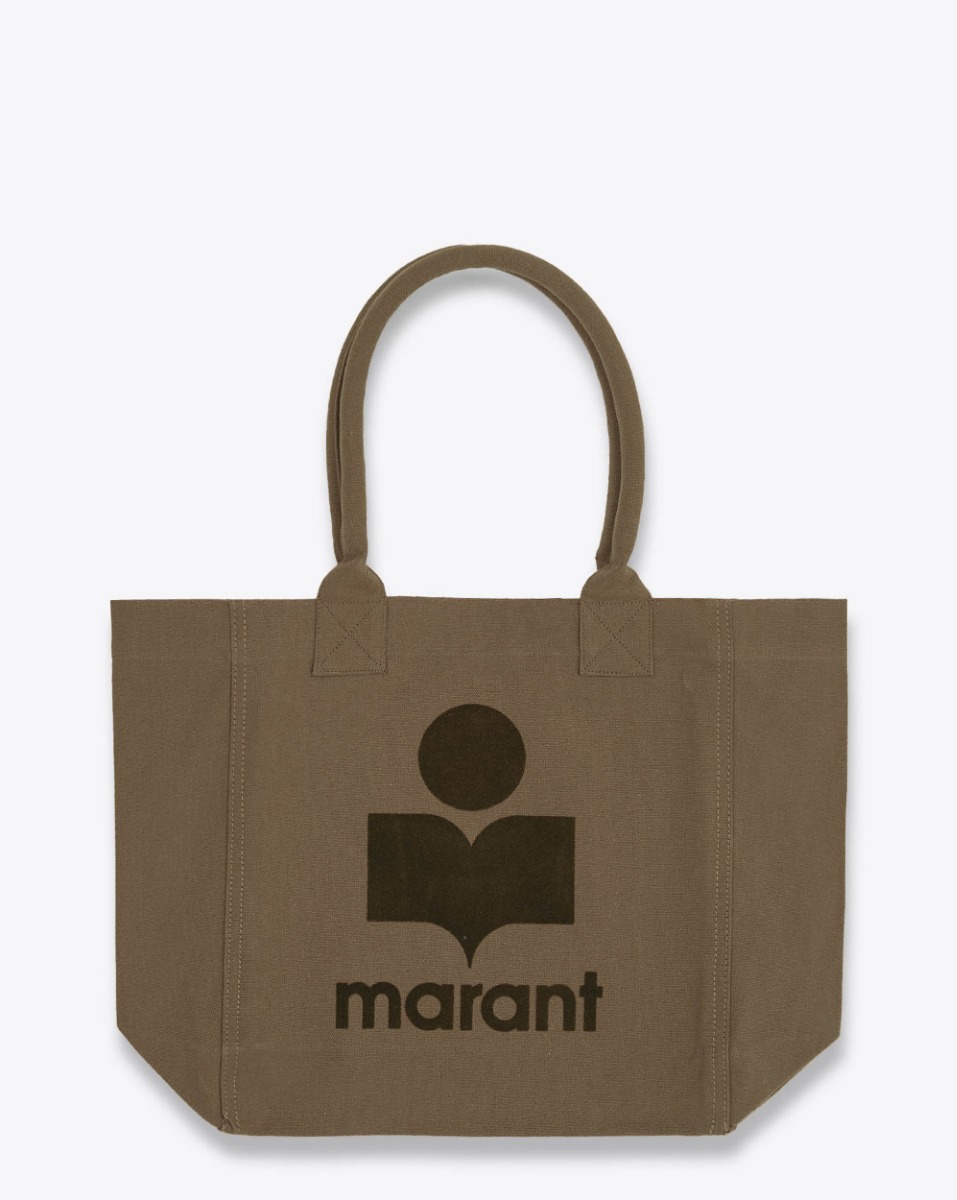 Produit Sac cabas Yenky Small Isabel Marant en toile beige logo "Marant" floqué en velours kaki foncé. Porté main ou épaule. Face.