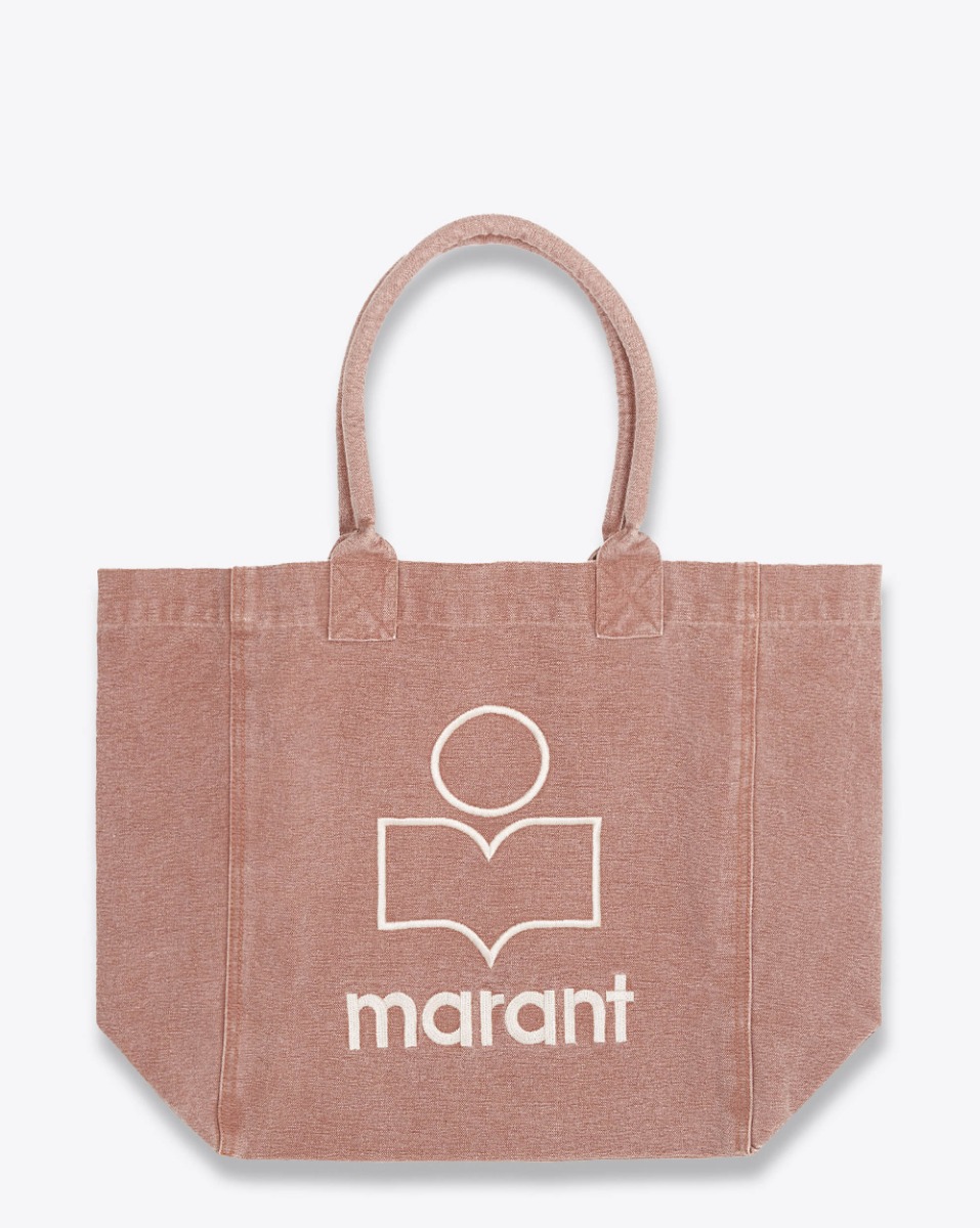 Produit Sac cabas Yenky Isabel Marant en toile délavé rust logo "MARANT" brodé blanc. Porté main ou épaule. Face.