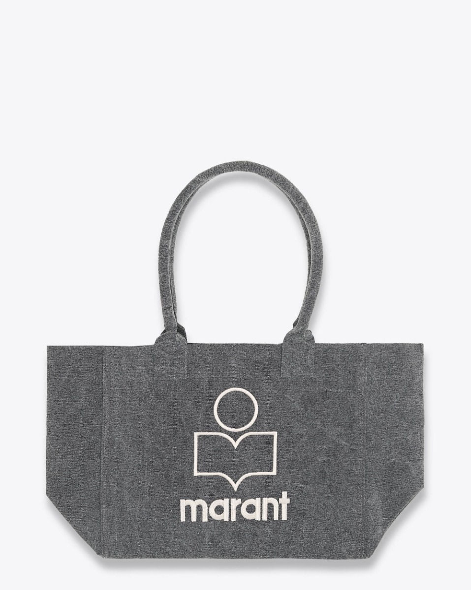 Cabas Yenky Zip Isabel Marant en toile de coton délavé gris anthracite logo brodé blanc "MARANT" devant. Porté main ou épaule.