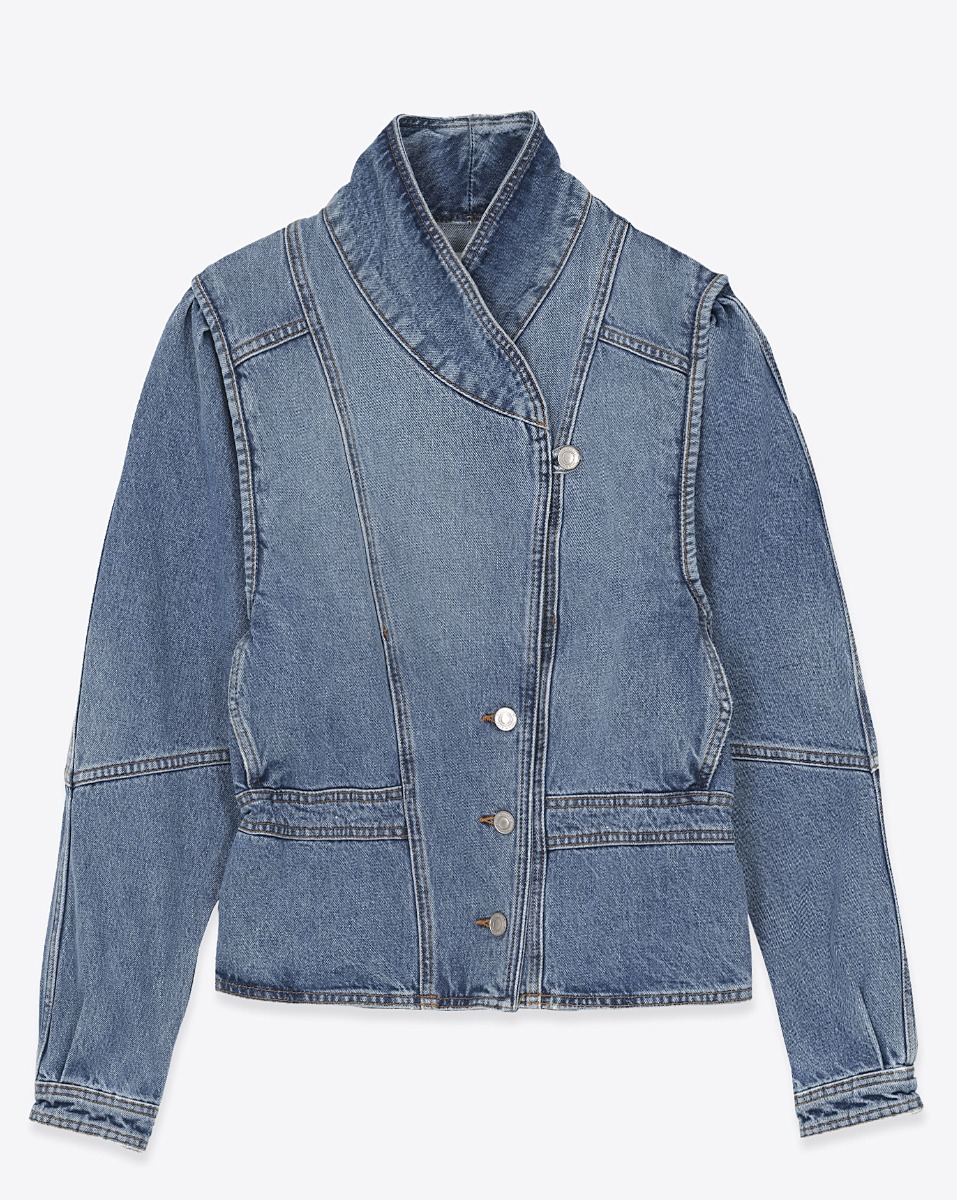Veste Dolie Isabel Marant &Eacute;toile en denim bleu d&eacute;lav&eacute;. Vue de face et ferm&eacute;e.
