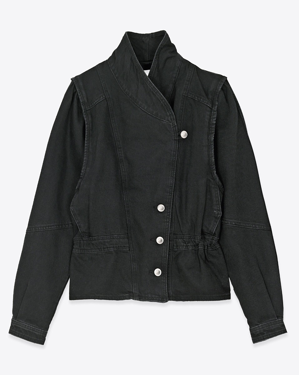 Veste Dolie Isabel Marant en denim noir. Vue de face et ferm&eacute;e.
