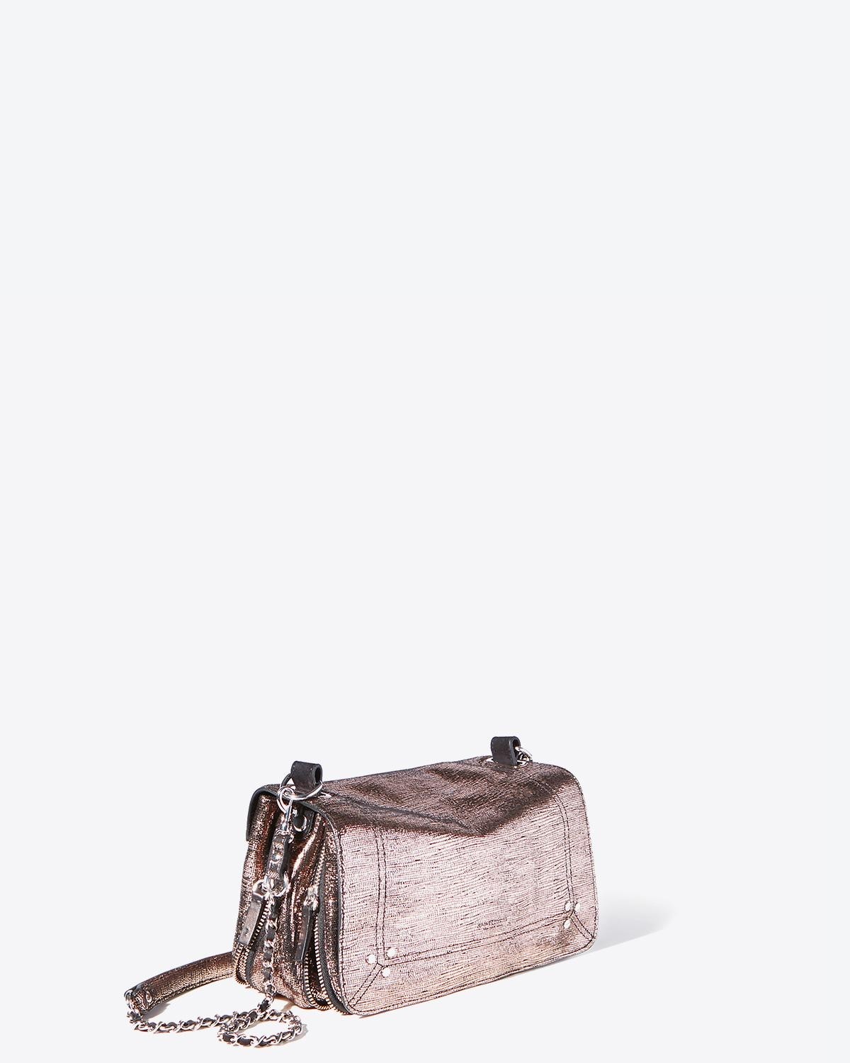 Sac bandoulière chaine Bobi chèvre Lamé Champagne Jérôme Dreyfuss. Profil.