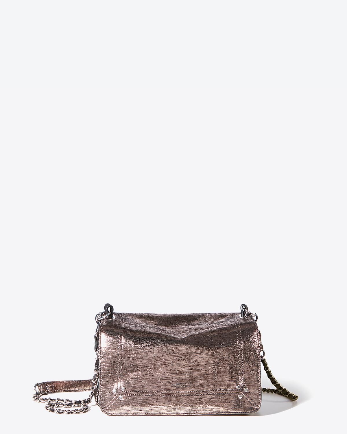 Sac bandoulière chaine Bobi chèvre Lamé Champagne Jérôme Dreyfuss. Face.  