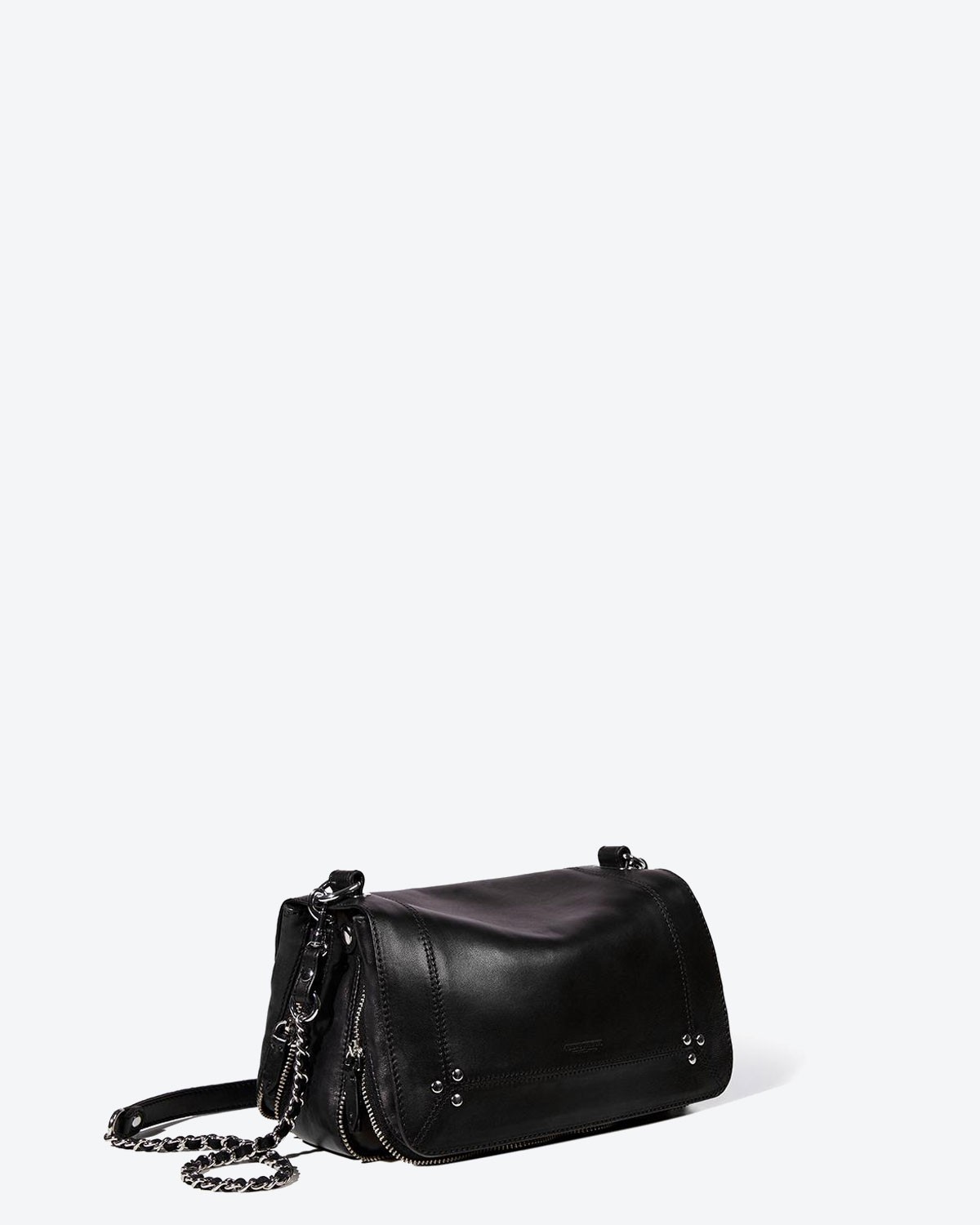 Sac bandoulière chaine silver cuir agneau noir Bobi Jérôme Dreyfuss. Profil.