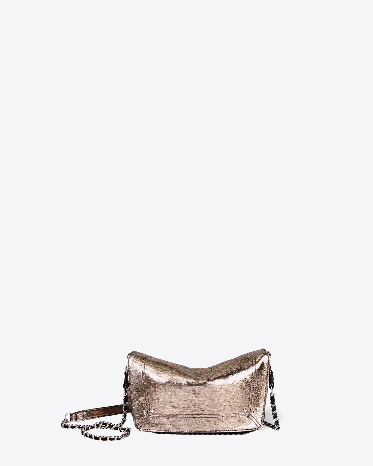 Sac bandoulière chaine Bobi S en cuir lamé champagne Jérôme Dreyfuss. Face. 