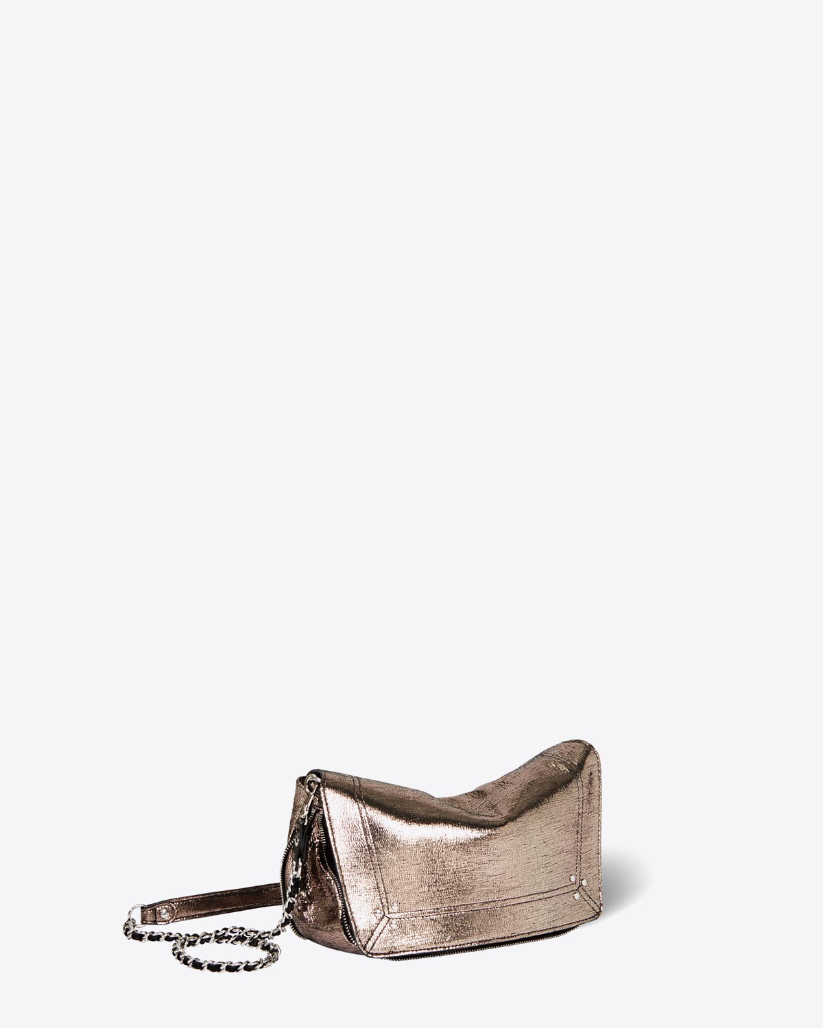 Sac bandoulière chaine Bobi S chèvre lamé champagne Jérôme Dreyfuss. Profil.

