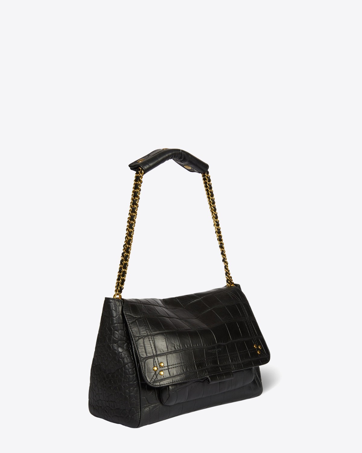 Sac Lulu L croco noir Jérôme Dreyfuss. Porté court double chaine dorée.