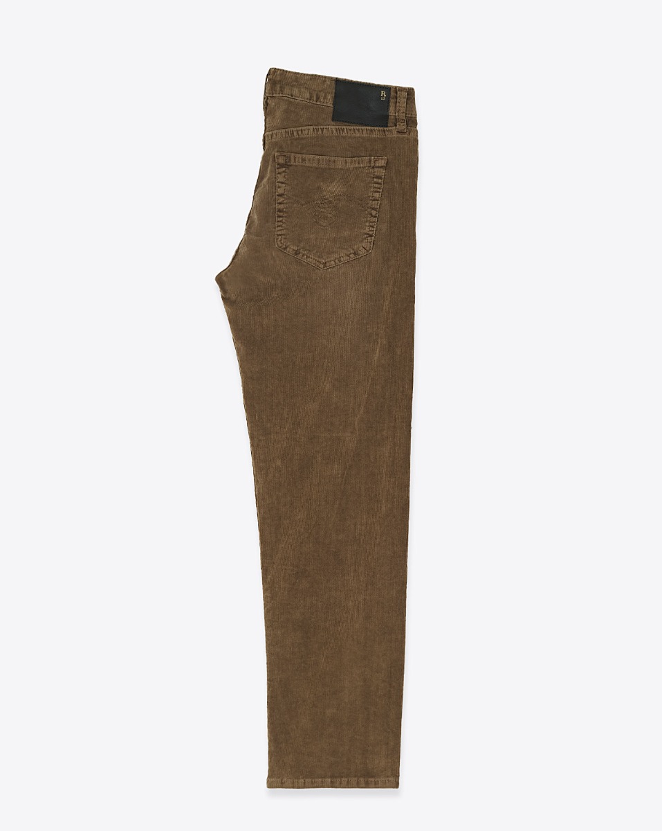 Produit Jean slim taille basse Boy Straight R13 en velours de coton côtelé marron. Vue de profil.
