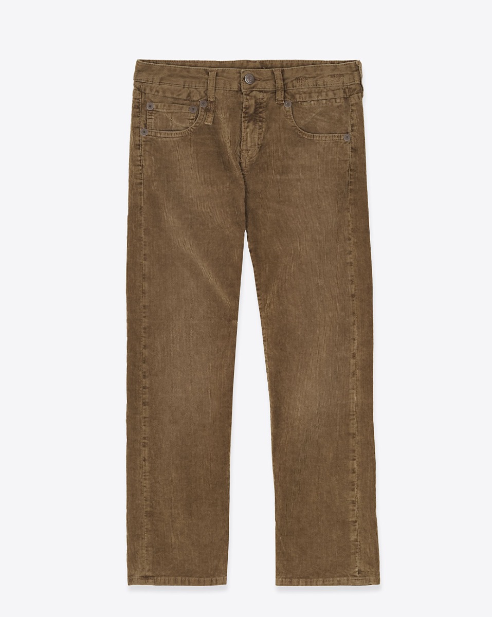 Produit Jean slim taille basse Boy Straight R13 en velours de coton côtelé marron. Vue de face.