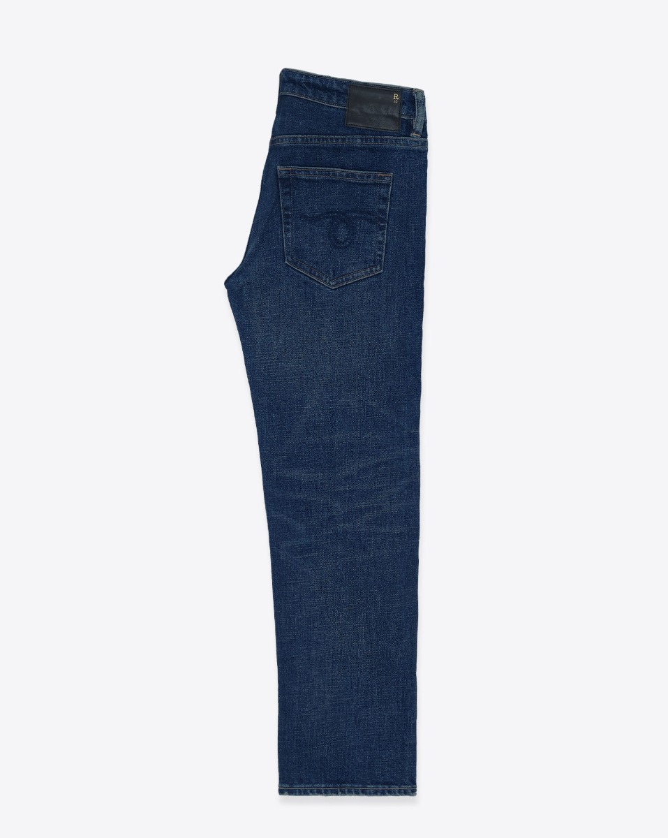 Produit Jean Boy Straight R13 en denim Hoyt Blue Stretch. Vue de profil.