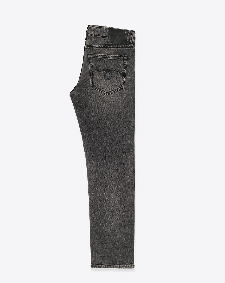 Produit Jean Boy Straight R13 en denim noir délavé Leyton Black Stretch. Vue de profil.