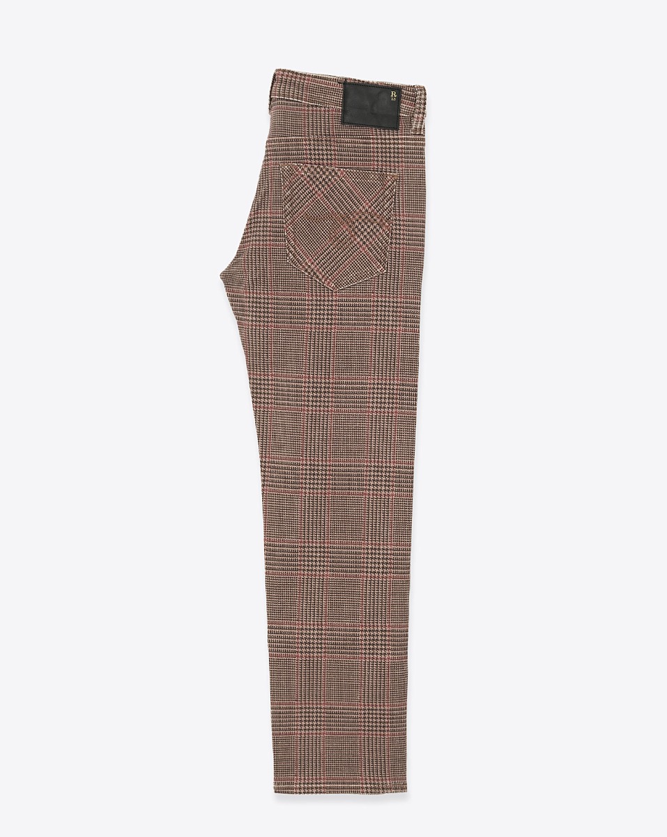 Produit Jean slim taille basse Boy Straight R13 en coton à carreaux marron. Vue de profil.