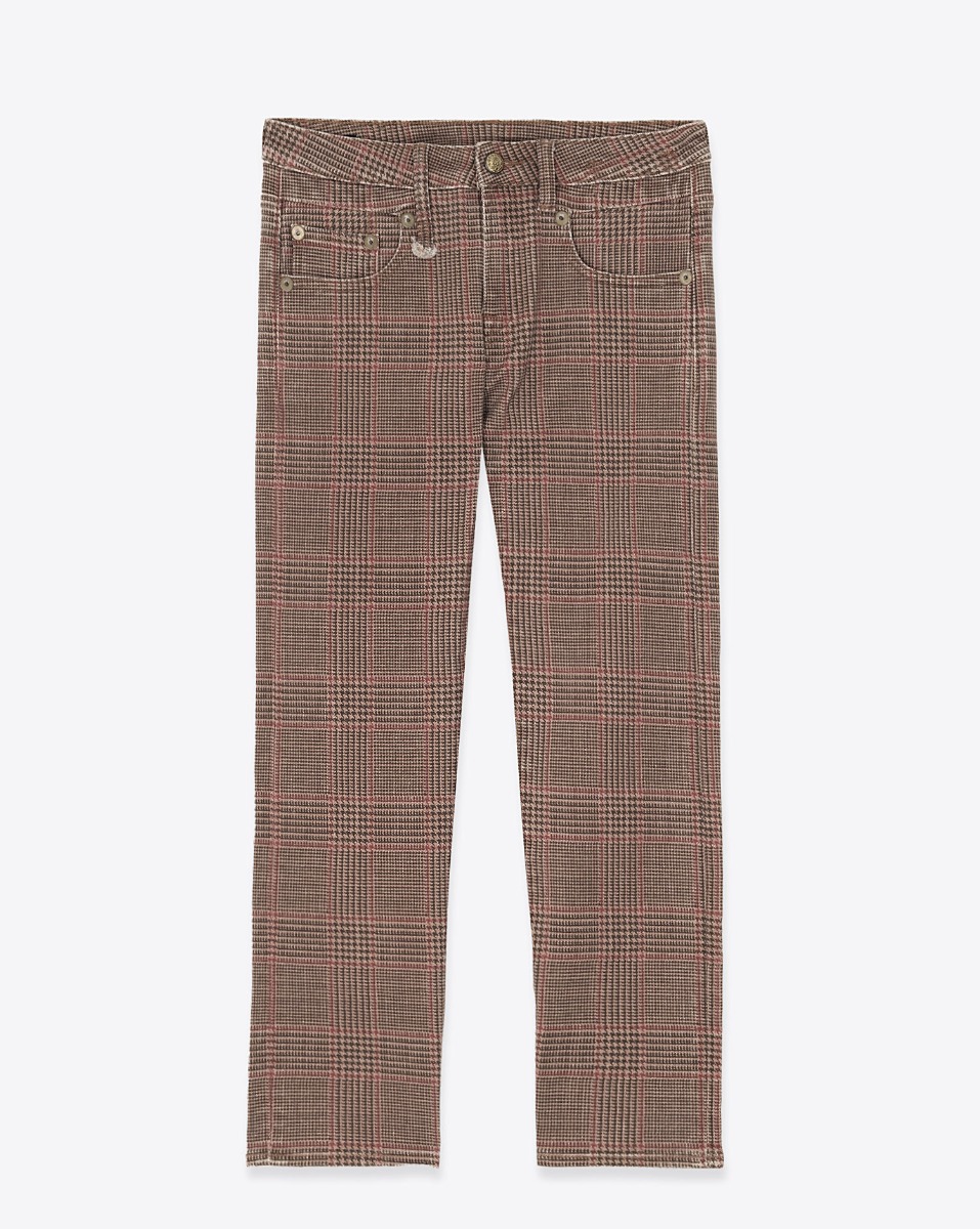 Produit Jean slim taille basse Boy Straight R13 en coton à carreaux marron. Vue de face.