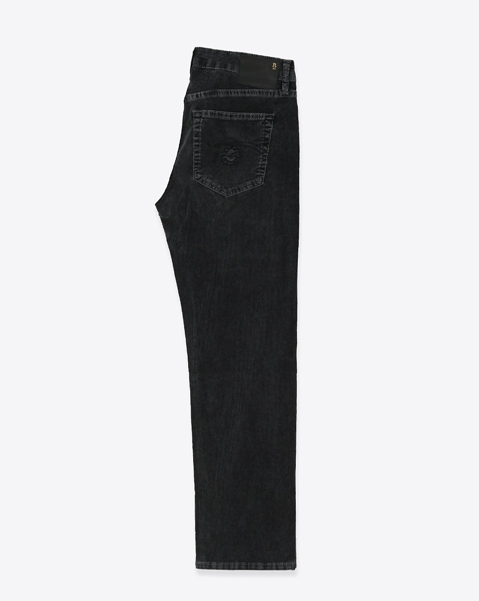 Produit Jean slim taille basse Boy Straight R13 en velours de coton côtelé noir délavé Obsidian Stretch Cord Black. Vue de profil.
