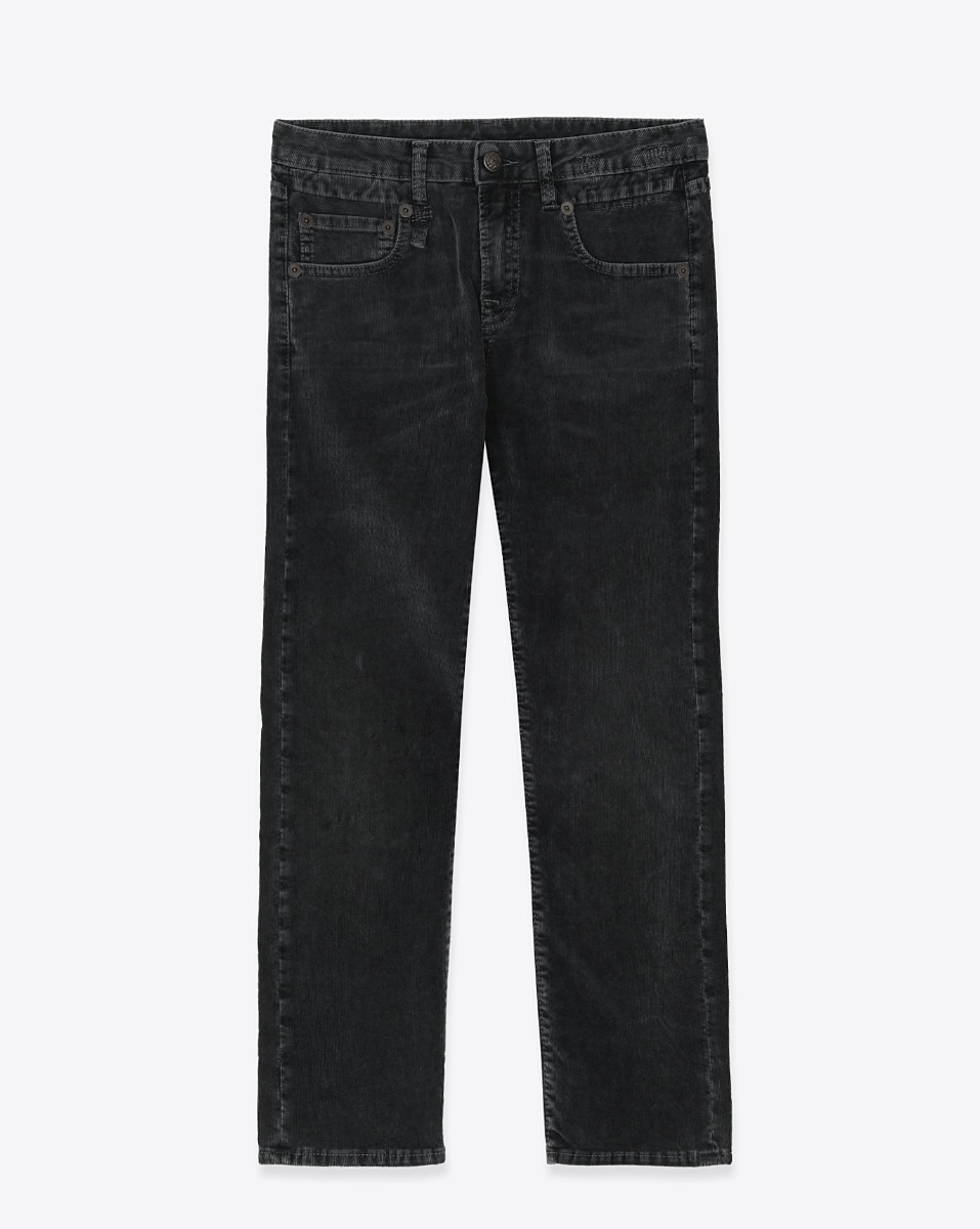 Produit Jean slim taille basse Boy Straight R13 en velours de coton côtelé noir délavé Obsidian Stretch Cord Black. Vue de face.