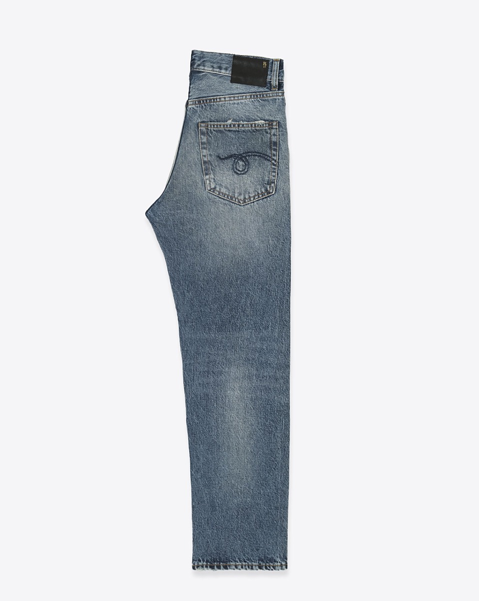 Produit Jean Boyfriend R13 en denim bleu Jasper. Vue de profil.