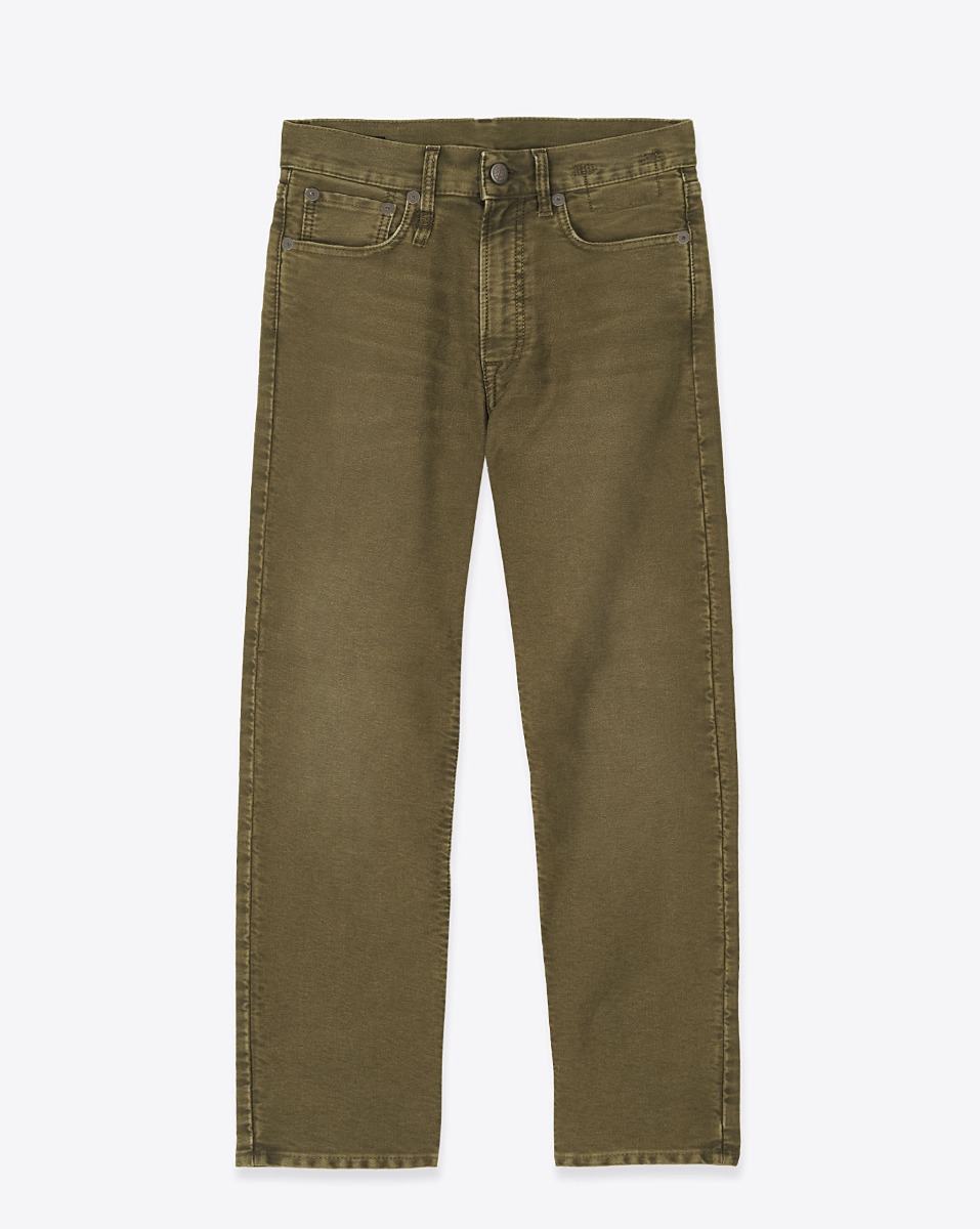 Produit Jean Boyfriend R13 en moleskin française teinte en pièce olive. Vue de face.