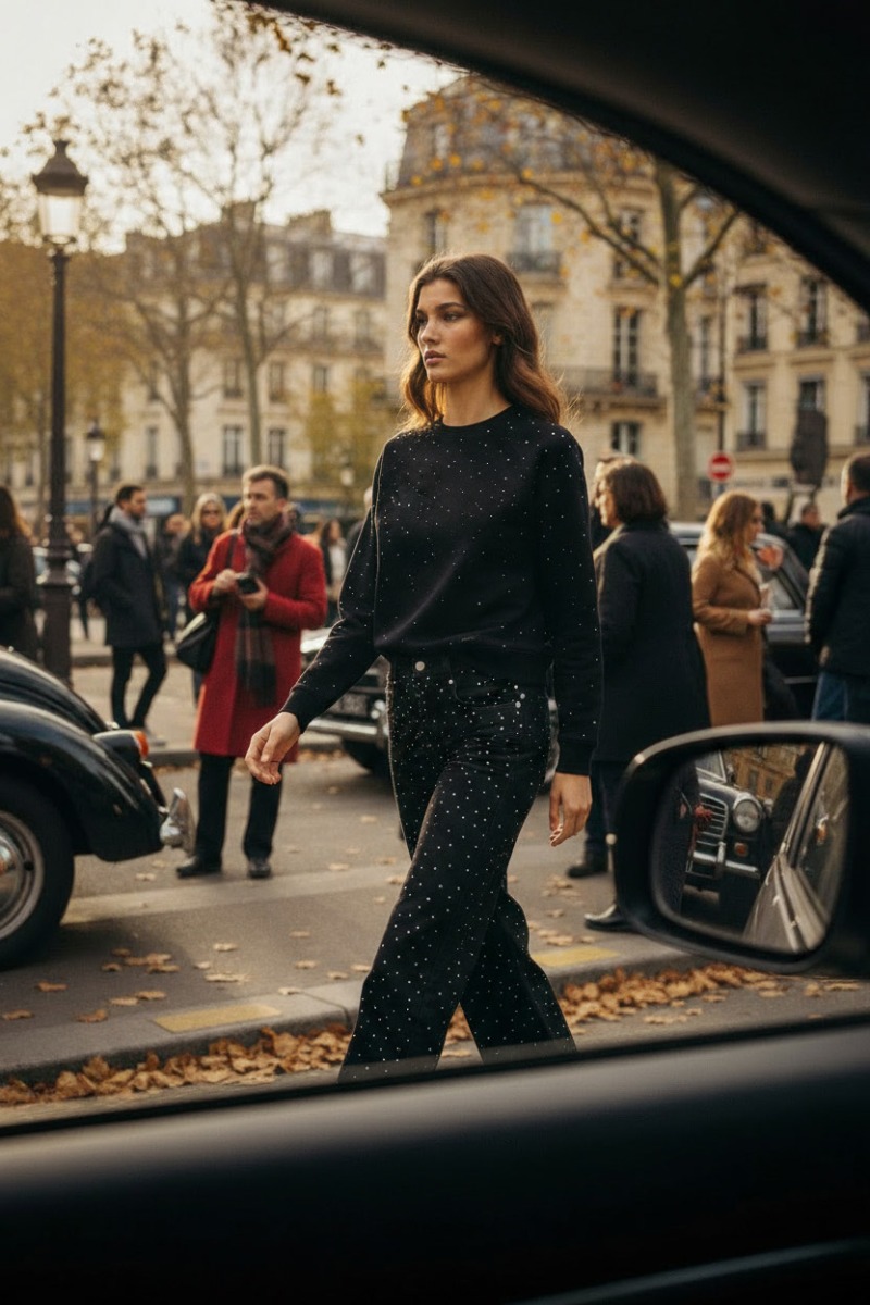 Jean taille haute Brinsa Isabel Marant Étoile en denim noir clouté, porté avec le sweat-shirt Riseda Marant Étoile. Capsule de Noël.