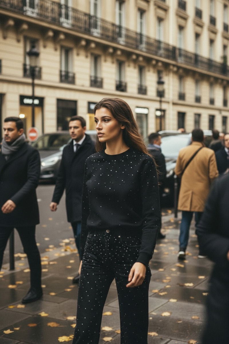 Jean taille haute Brinsa Isabel Marant Étoile en denim noir clouté, porté de face avec le sweat-shirt Riseda Marant Étoile. Capsule de Noël.