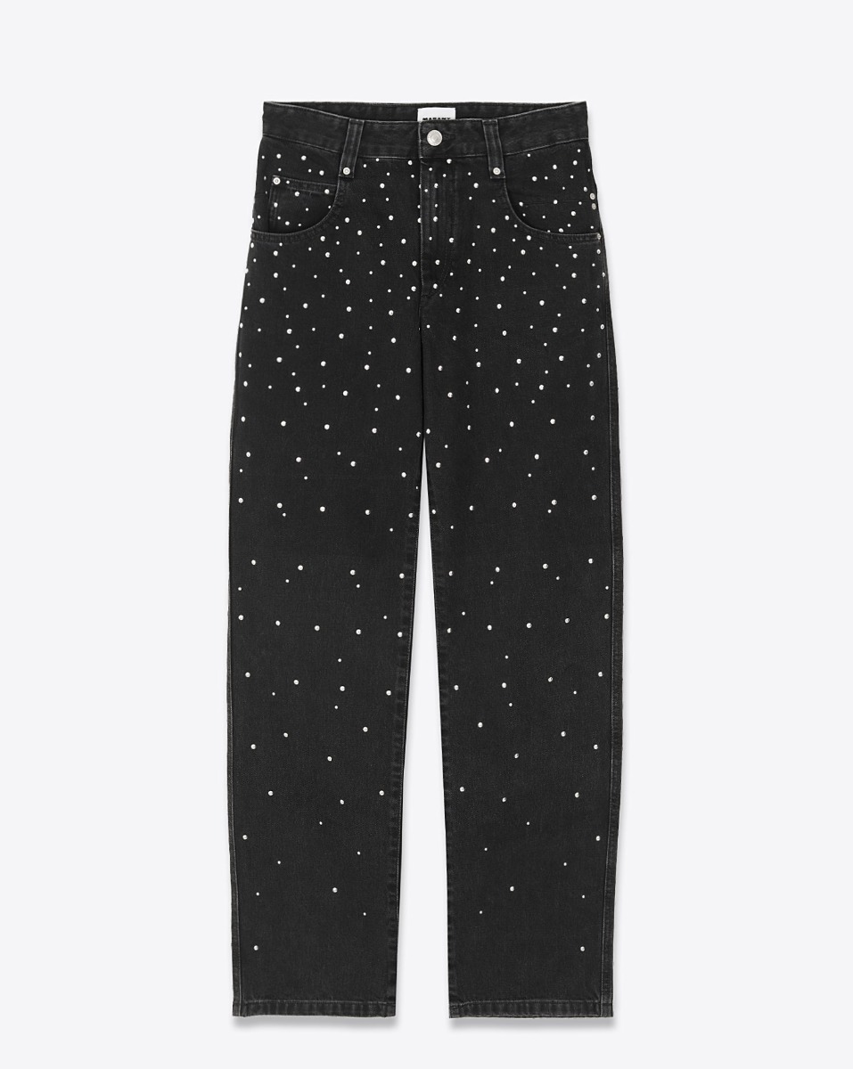 Produit Jean taille haute Brinsa Isabel Marant en denim noir clouté. Vue de face. 