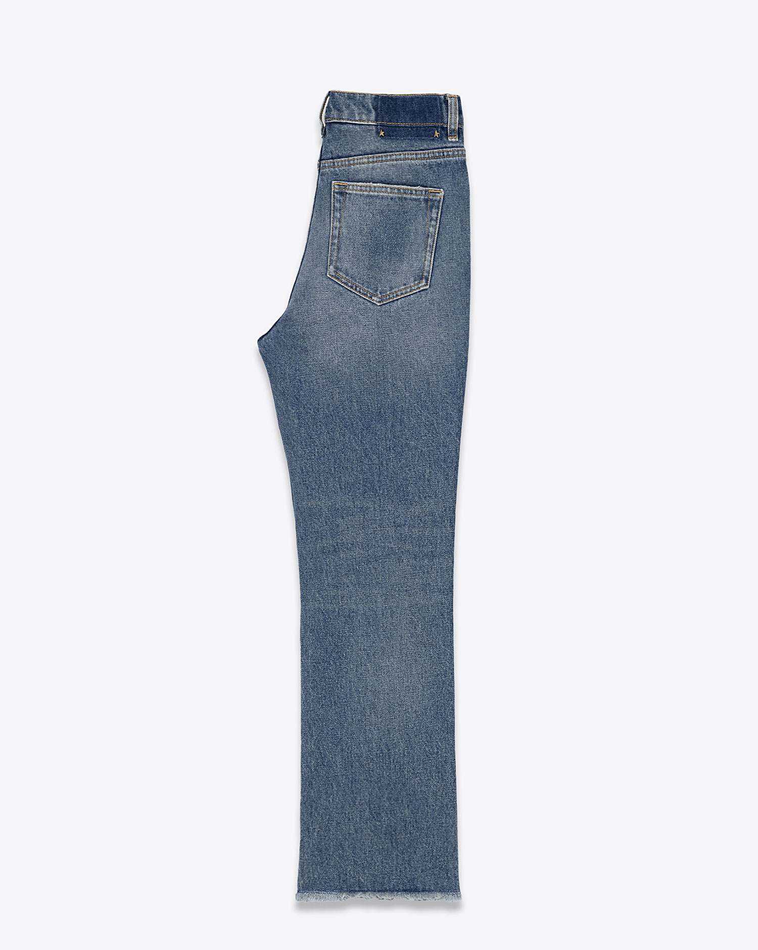 Produit Jeans Flare Deryn Golden Goose en toile denim bleue délavée. Vue profil.