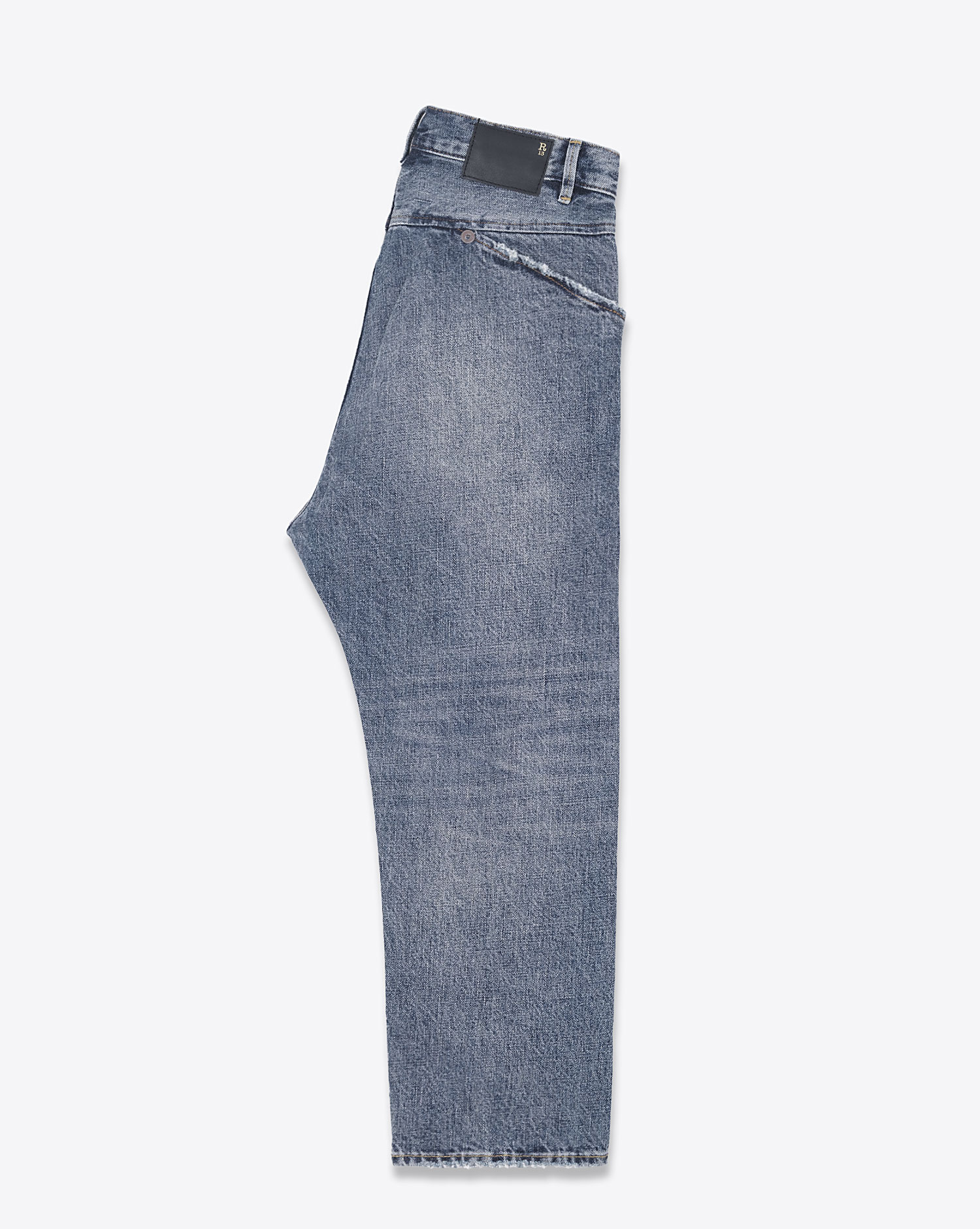Produit Jean Baggy fermeture croisée Exene en denim bleu Barter Indigo R13 Denim. Détail de la poche arrière en biais. Profil.