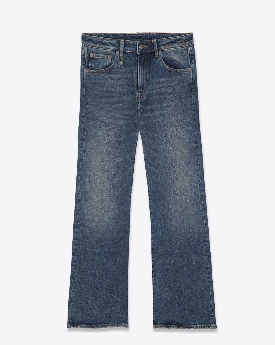 Produit Jean évasé Joan Kick Flare R13 en denim japonais bleu, extensible. Vue de face.