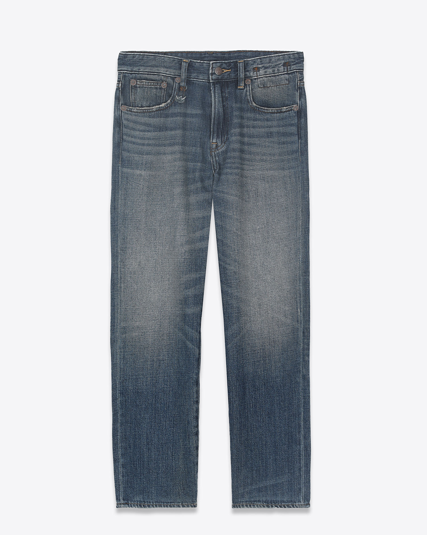 Jeans Boyfriend slim Romeo en toile japonaise délavage bleu ciel Dane Indigo R13 Denim. Face.