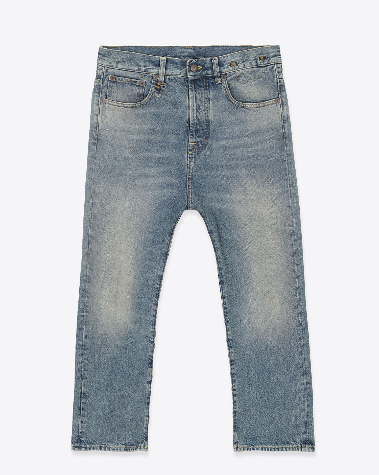 Jean Tailored Drop R13 en denim de coton délavé. Vue face. 
