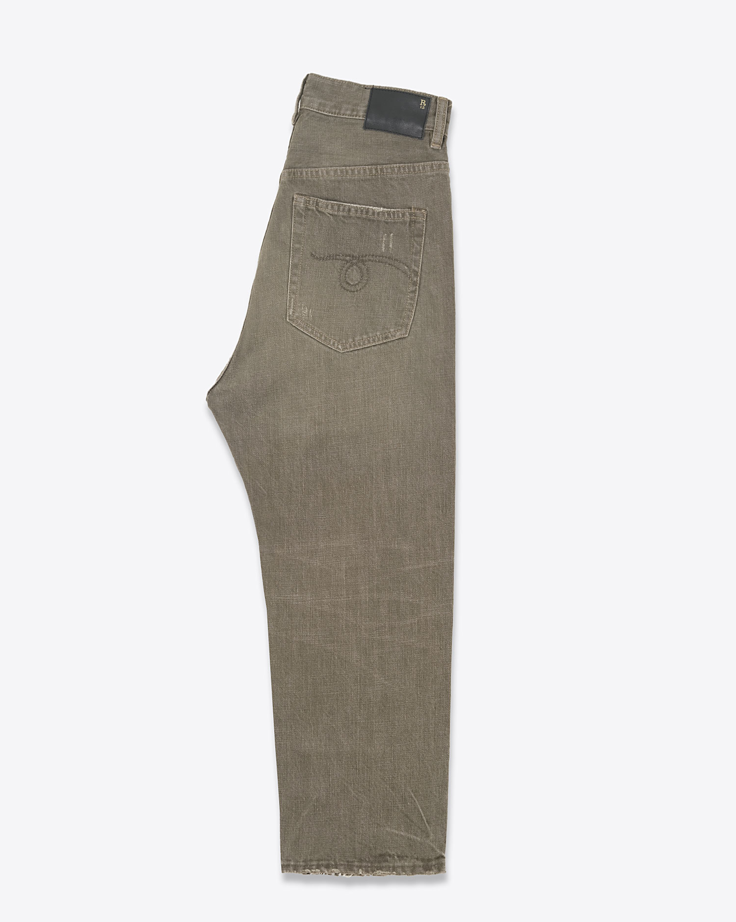 Produit Jean baggy Tailored Drop toile kaki usée et déchirée R13 denim. Profil.