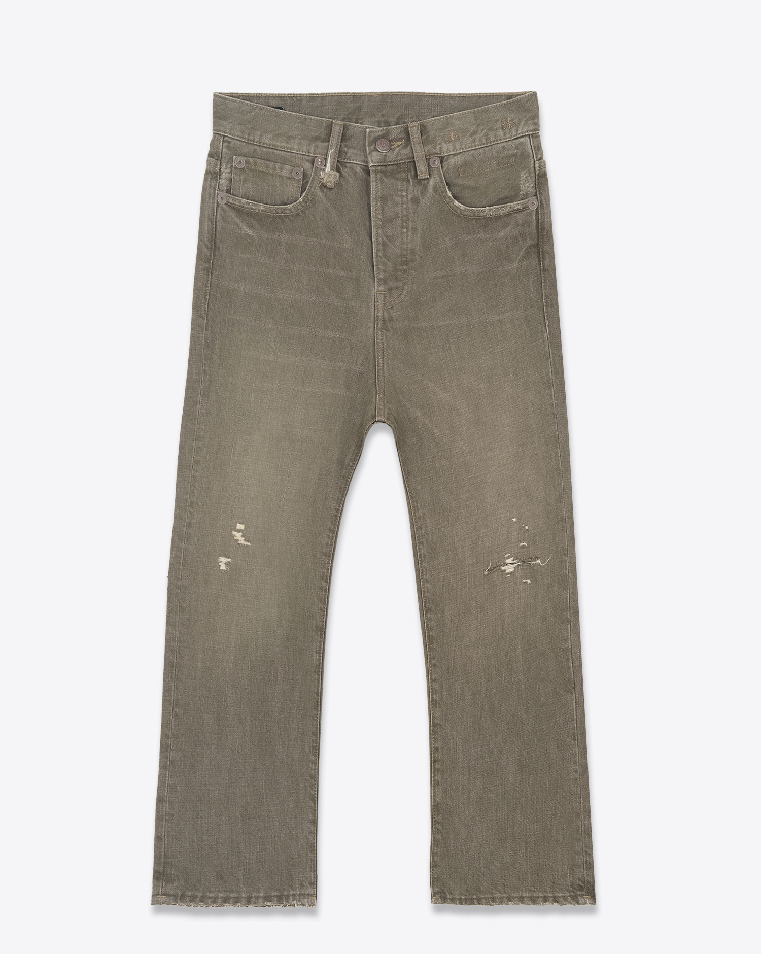 Jean baggy Tailored Drop toile kaki usée et déchirée R13 denim. Face.