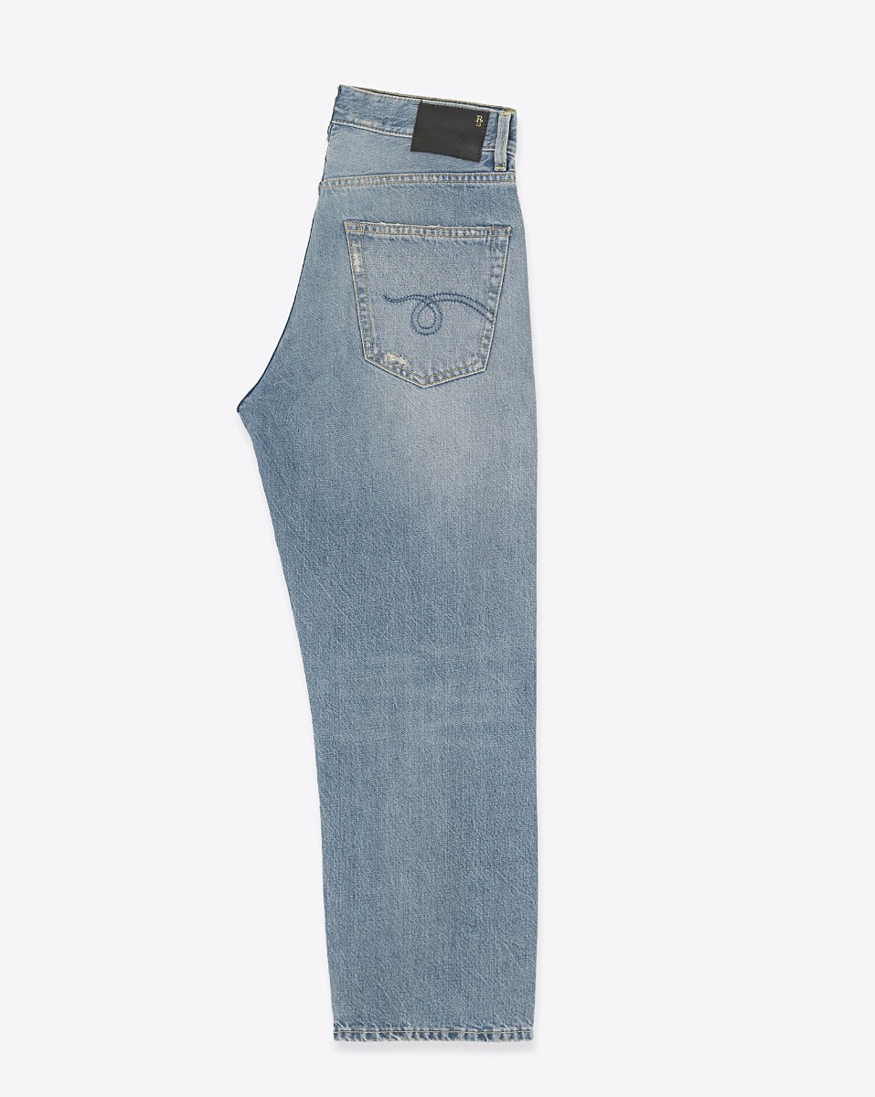 Produit Jean X Boyfriend R13 en denim bleu Merrin Blue. Vue de profil.