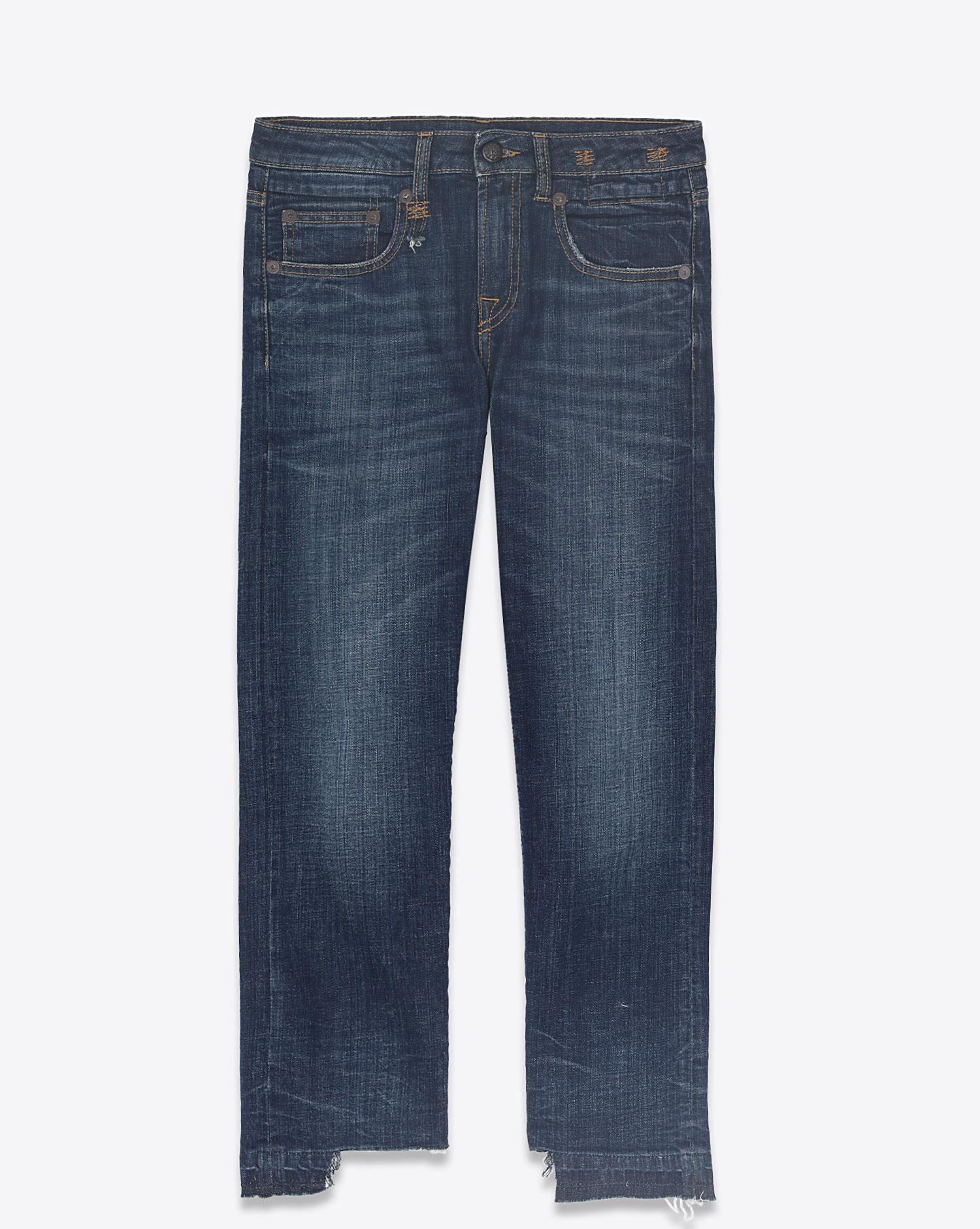 Jeans taille basse jambe droite ourlet déchiré Boy Straight délavage bleu Howell Indigo R13 Denim. Face.