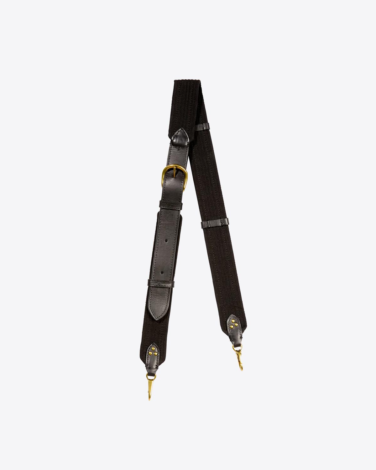Produit Bandoulière sangle et cuir noir finition laiton doré réglable avec une boucle esprit ceinture Jérôme Dreyfuss. Face.