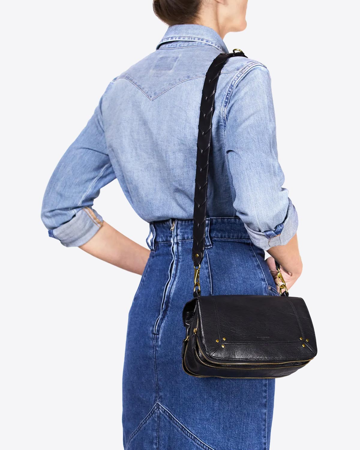 Produit Bandoulière tressée Jérôme Dreyfuss en cuir noir. 