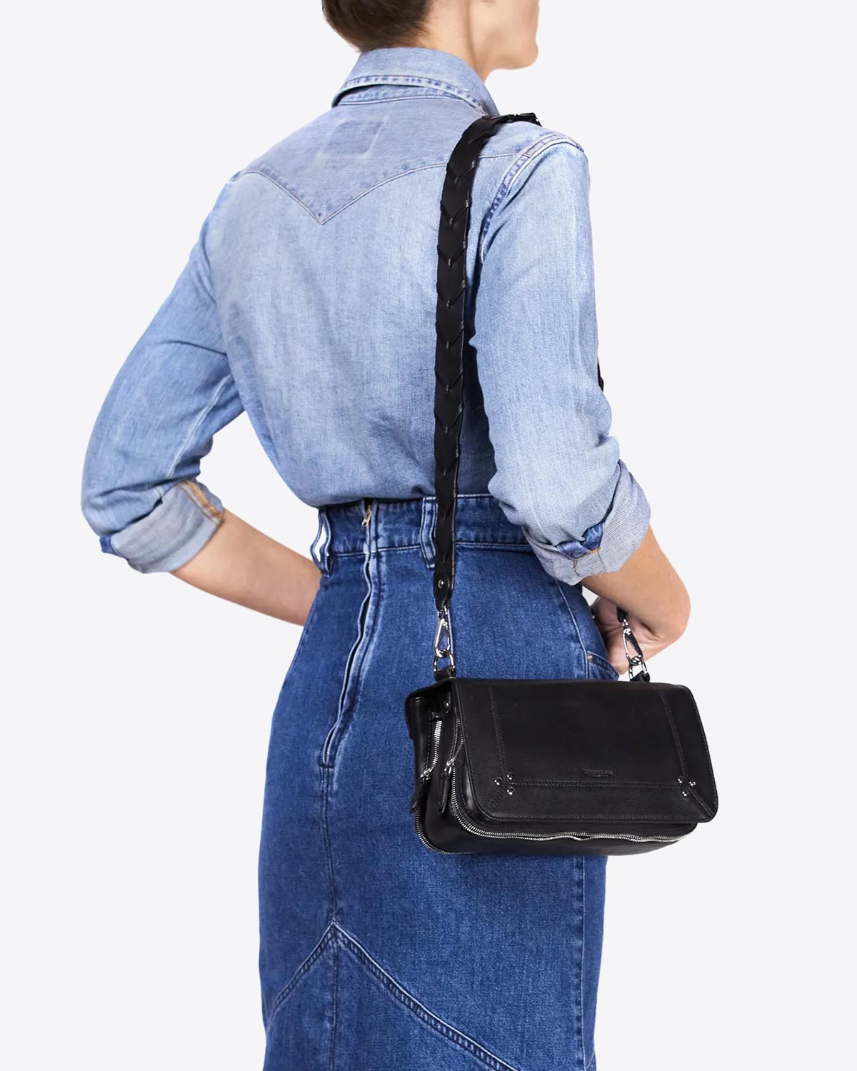 Produit Bandoulière Tressée Jérôme Dreyfuss en cuir noir silver. 