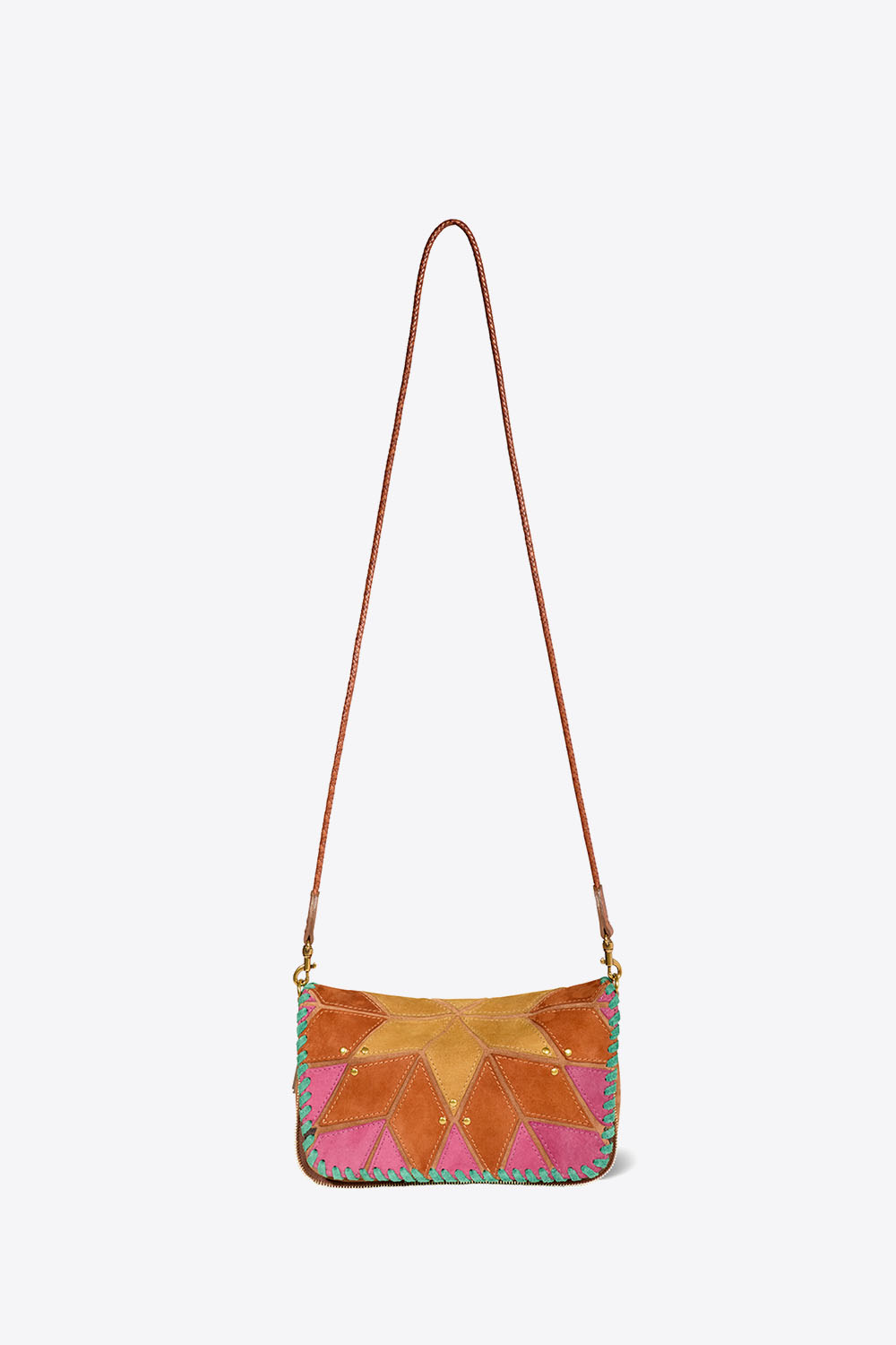 Mini-sac Bobi S Jérôme Dreyfuss Lever du jour en patchwork de cuir suédé jaune, orange et rose. Bandoulière longue en cuir tressé. Face.