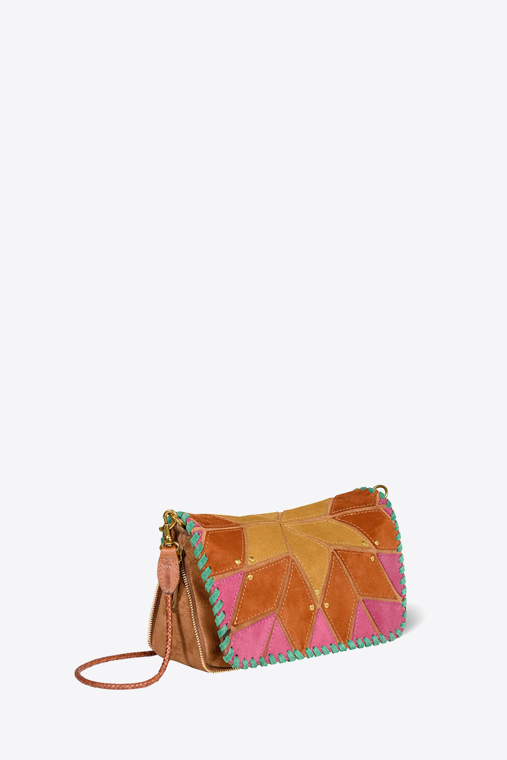 Produit Mini-sac Bobi S Jérôme Dreyfuss Lever du jour en patchwork de cuir suédé jaune, orange et rose. Bandoulière longue en cuir tressé. Profil.